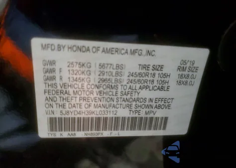 2019 Acura Mdx z USA, uszkodzony, nr VIN 5J8YD4H39KL033112